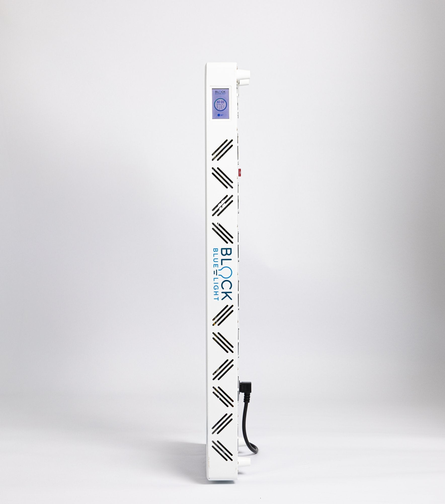 Side view of the Mega Plus red light therapy panel, slim profile with branding