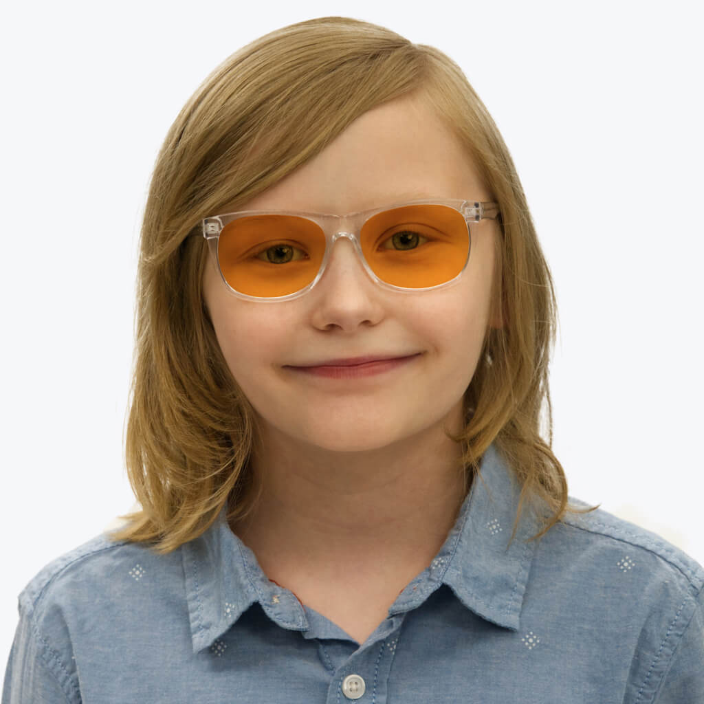 SunDown Kids Wayfarer Blue Blocking Glasses - Crystal Blue Light Blocking Glasses - Amber Lens BlockBlueLight 