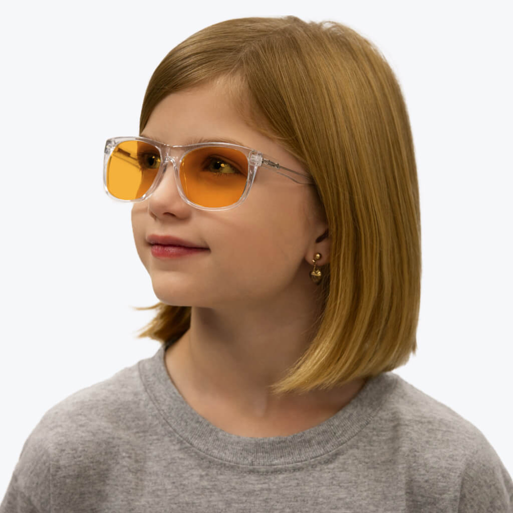 SunDown Kids Wayfarer Blue Blocking Glasses - Crystal Blue Light Blocking Glasses - Amber Lens BlockBlueLight 